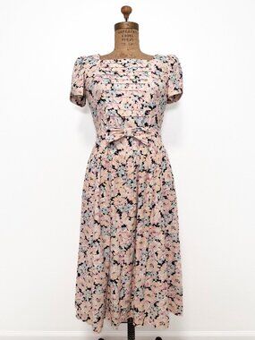 Vintage 80s Petite Lanz Pastel Floral Short Sleeve Drop Waist Midi Dress Size 8